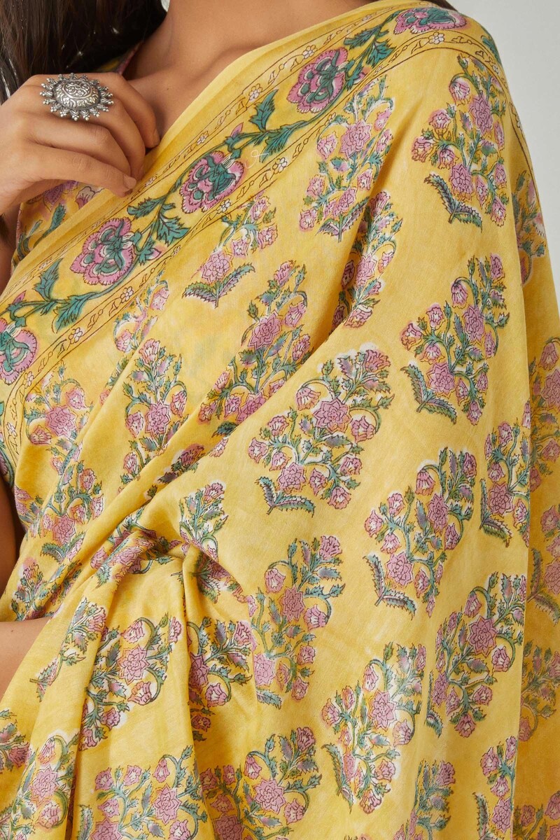 Sanganeri Hand Block-Printed Chanderi Saree