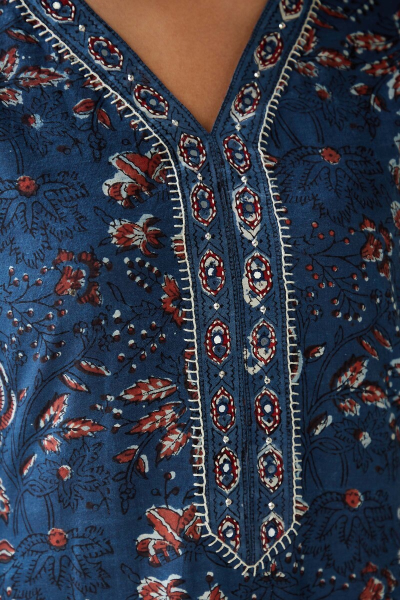 Indigo Hand Block-Printed A-Line Cotton Kurta