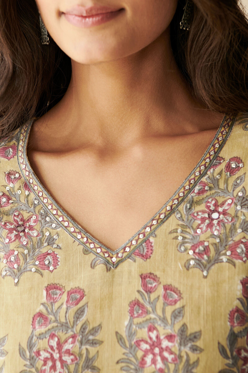 Mustard Hand Block-Printed Straight Cotton Slub Kurta
