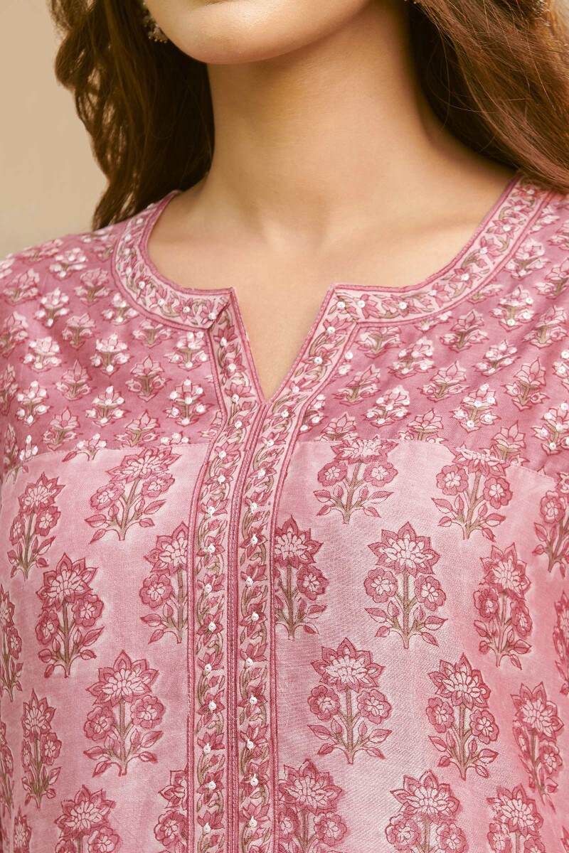 Pink Hand Block-Printed Straight Chanderi Kurta