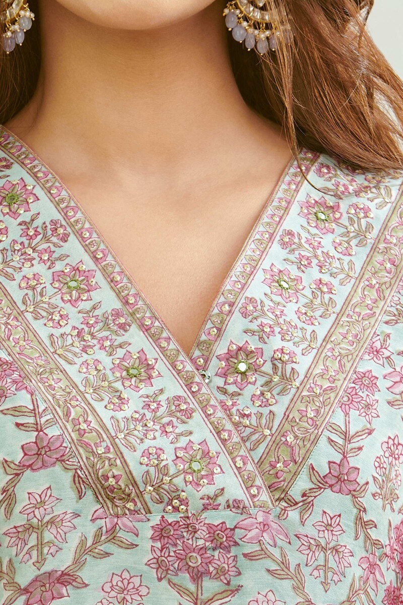 Light Blue Hand Block-Printed Straight Chanderi Kurta