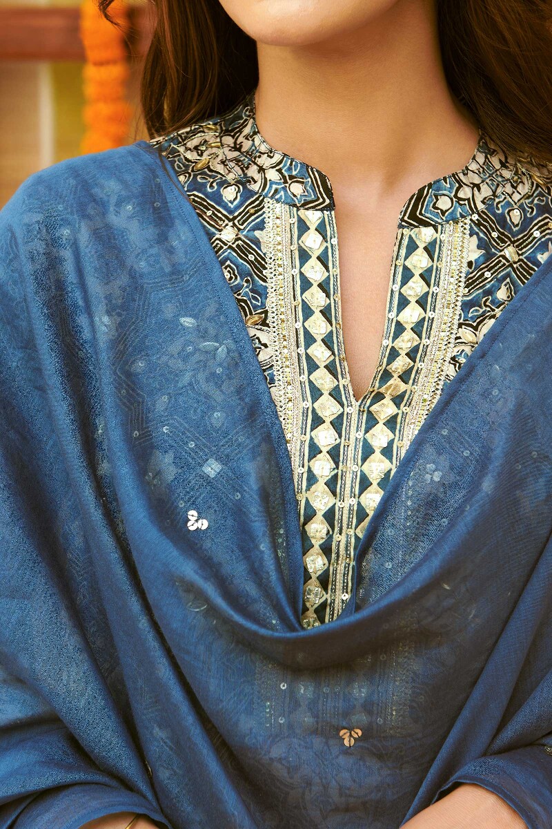 Blue Handcrafted Cotton Silk Dupatta