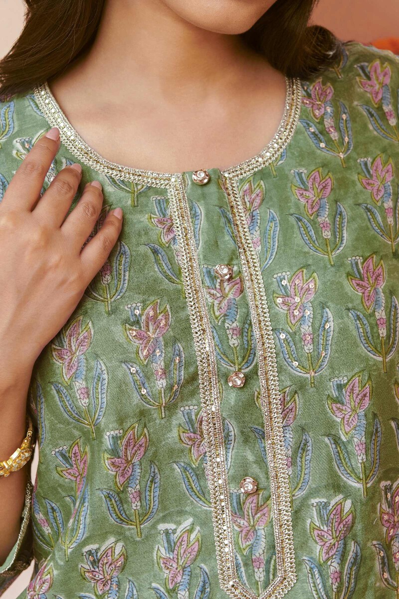 Green Hand Block-Printed Straight Chanderi Kurta