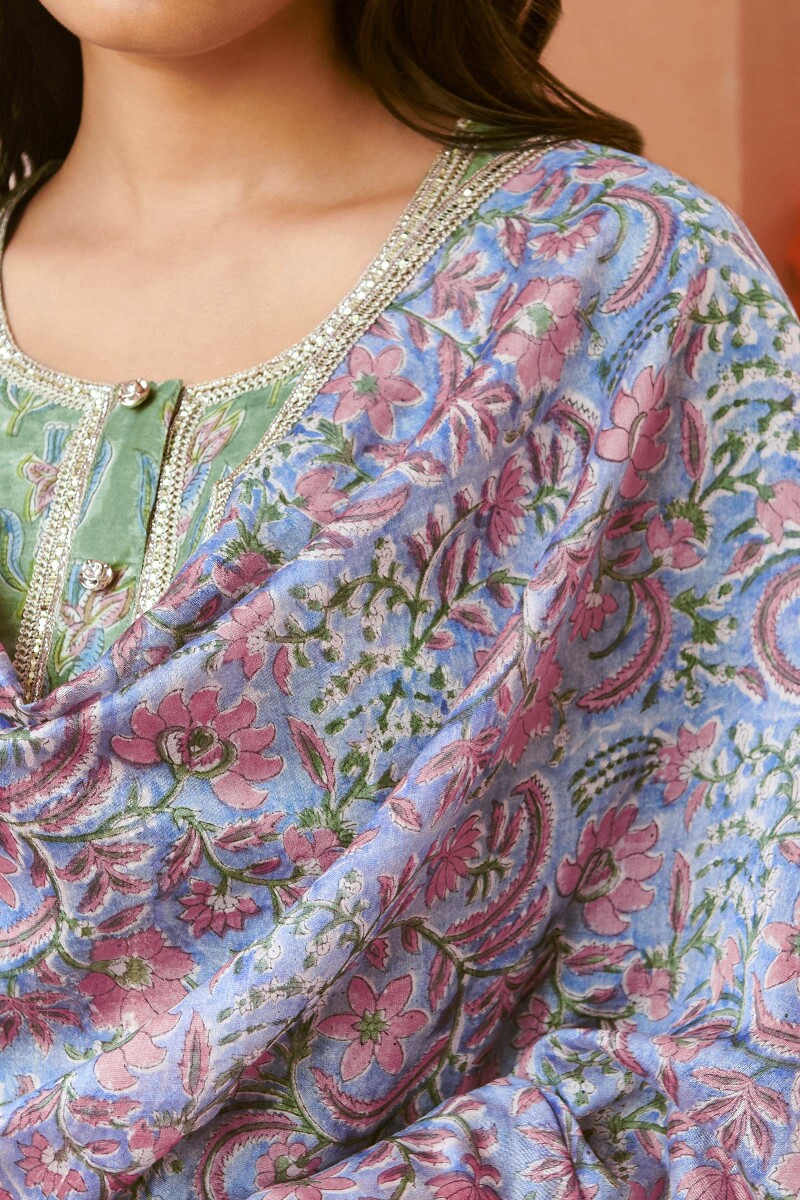 Blue Hand Block-Printed Chanderi Dupatta