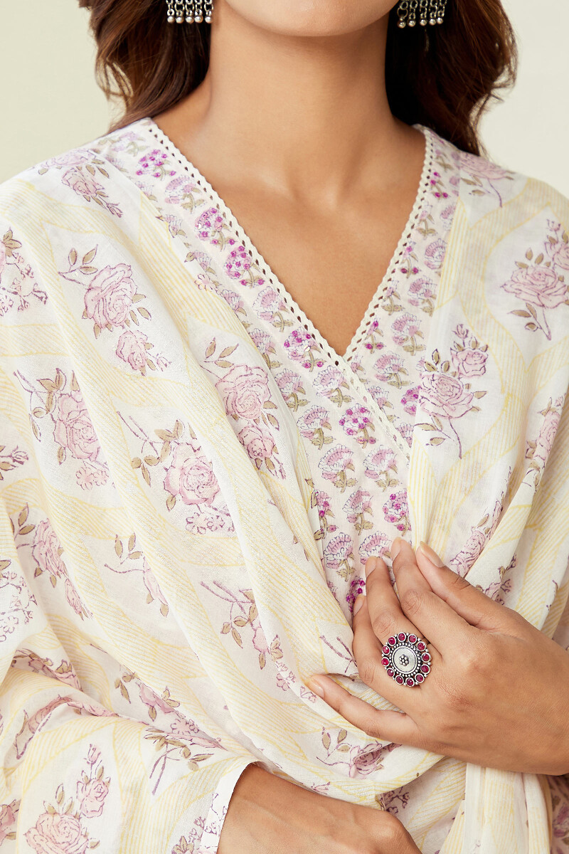 Yellow Hand Block-Printed Cotton Mul Dupatta