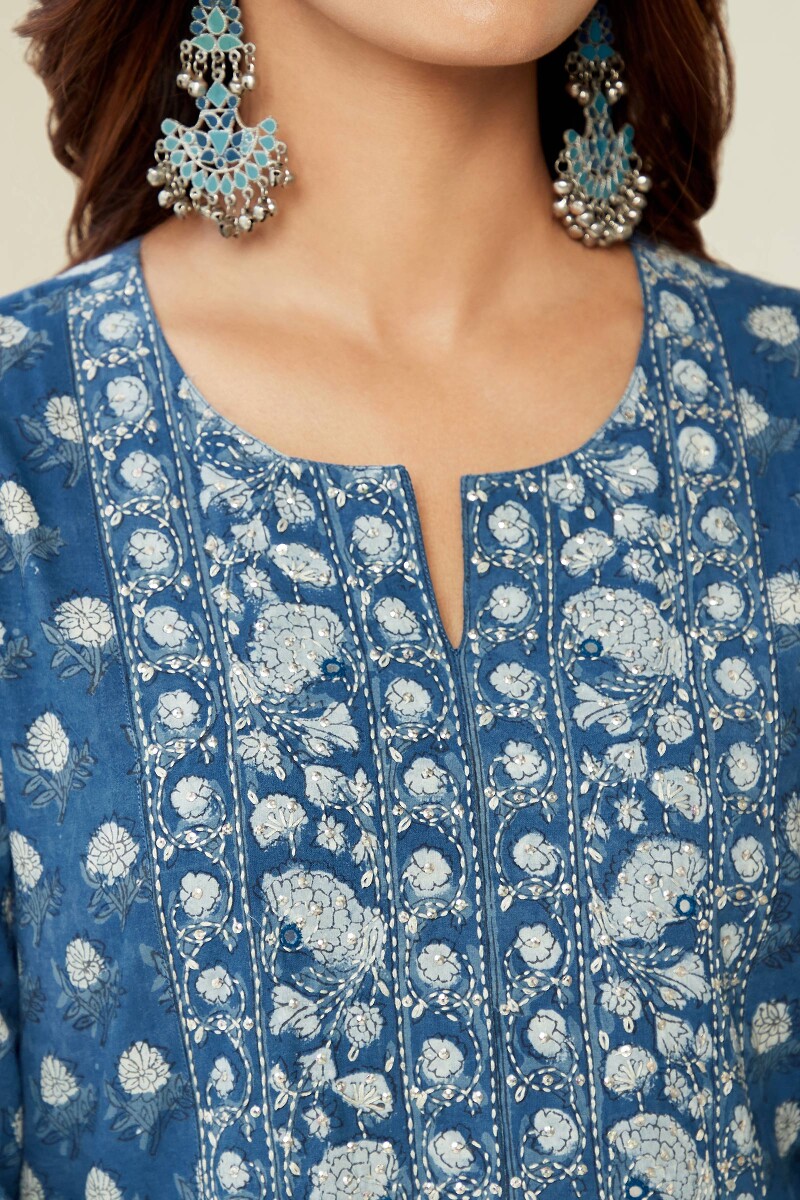 Indigo Hand Block-Printed Straight Cotton Kurta