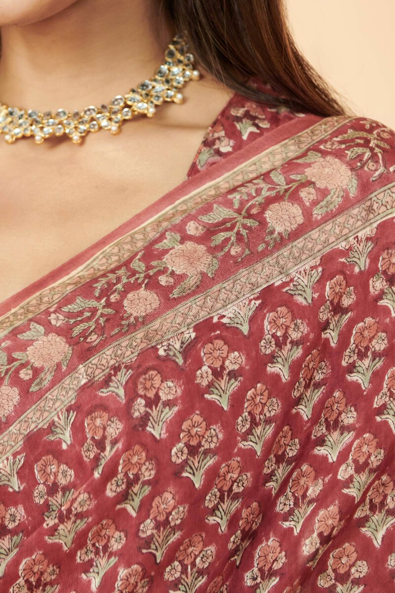 Sanganeri Hand Block-Printed Cotton Silk Saree