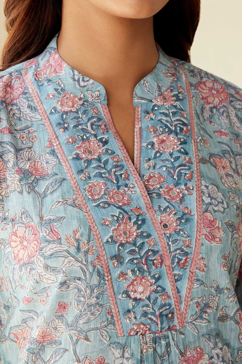 Blue Hand Block-Printed Cotton Dobby Top