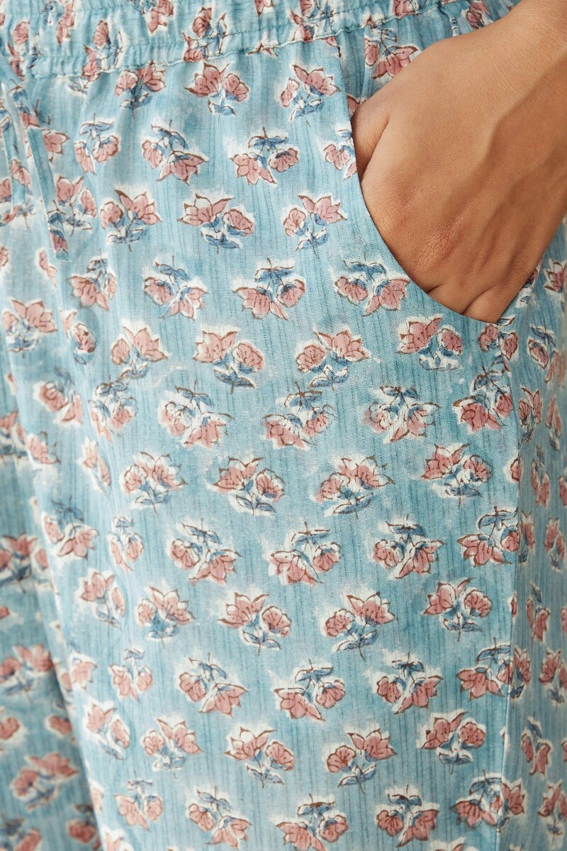 Blue Hand Block-Printed Cotton Dobby Narrow Pants