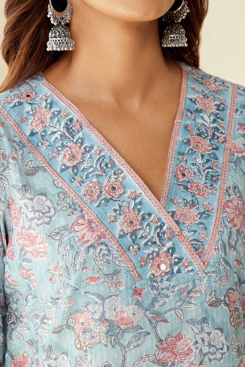 Blue Hand Block-Printed Straight Cotton Dobby Kurta