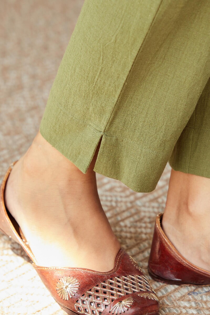 Olive Green Handcrafted Cotton Flax Narrow Pants