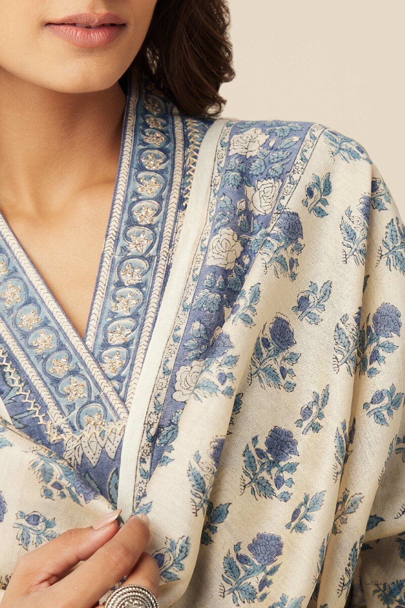 Beige Hand Block-Printed Chanderi Dupatta