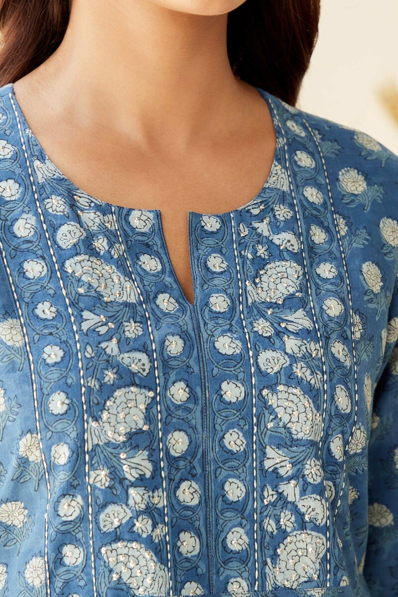 Indigo Hand Block-Printed Cotton Top