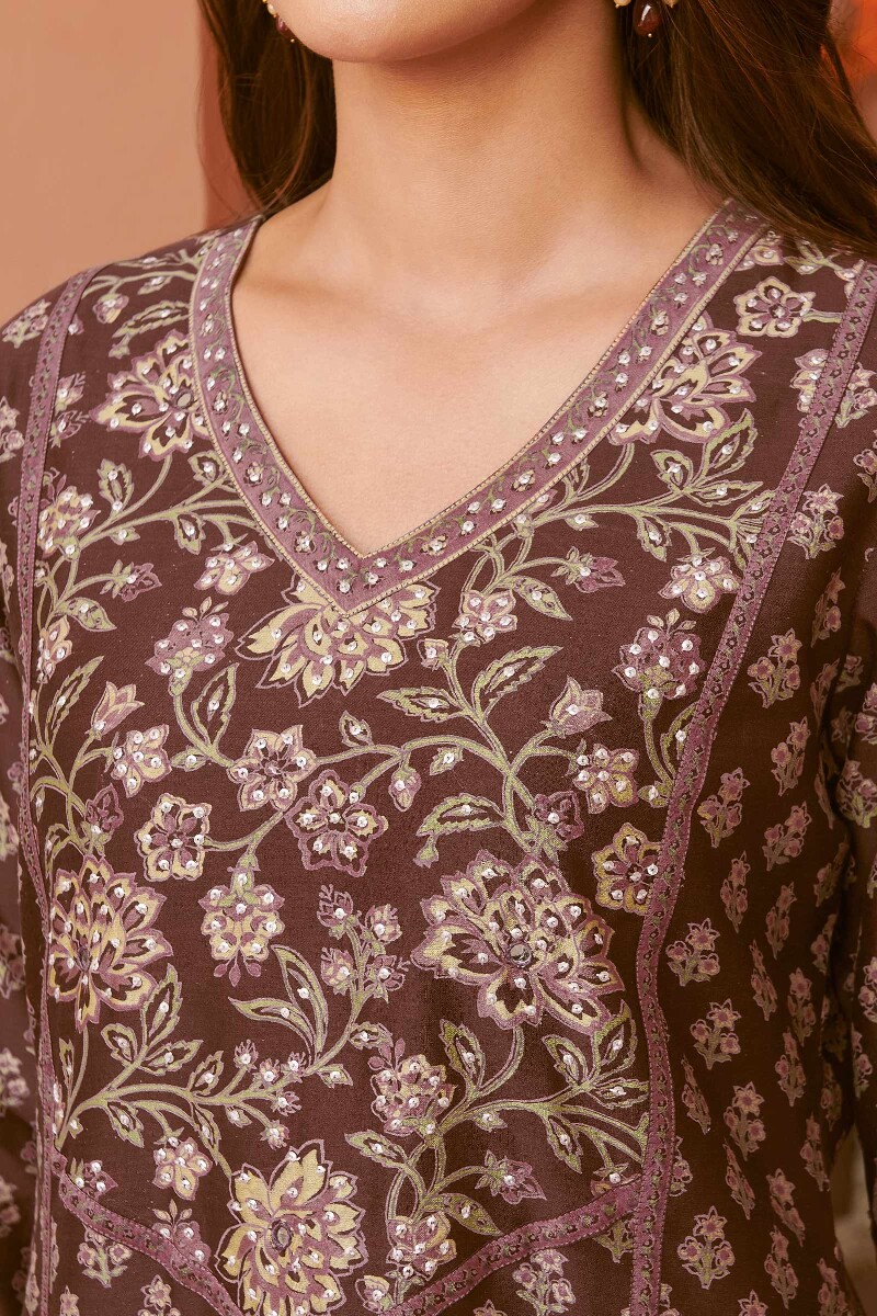 Brown Hand Block-Printed Straight Chanderi Kurta