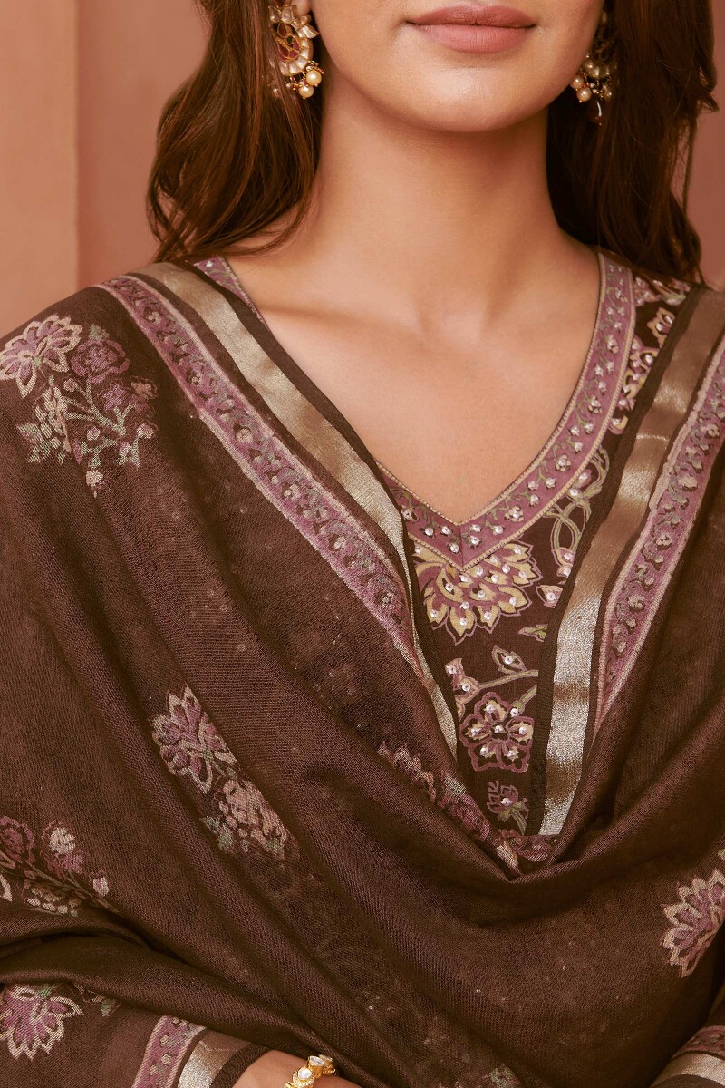 Brown Hand Block-Printed Chanderi Dupatta