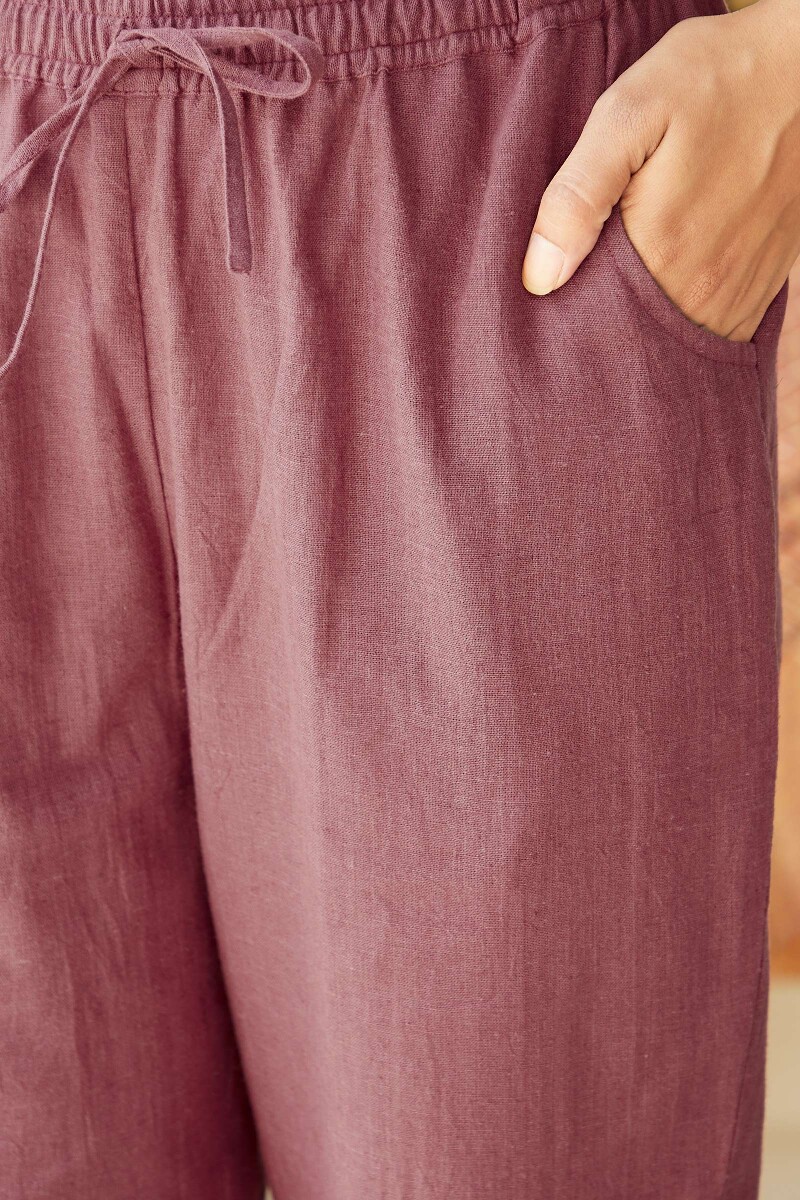 Red Handcrafted Cotton Flax Narrow Pants