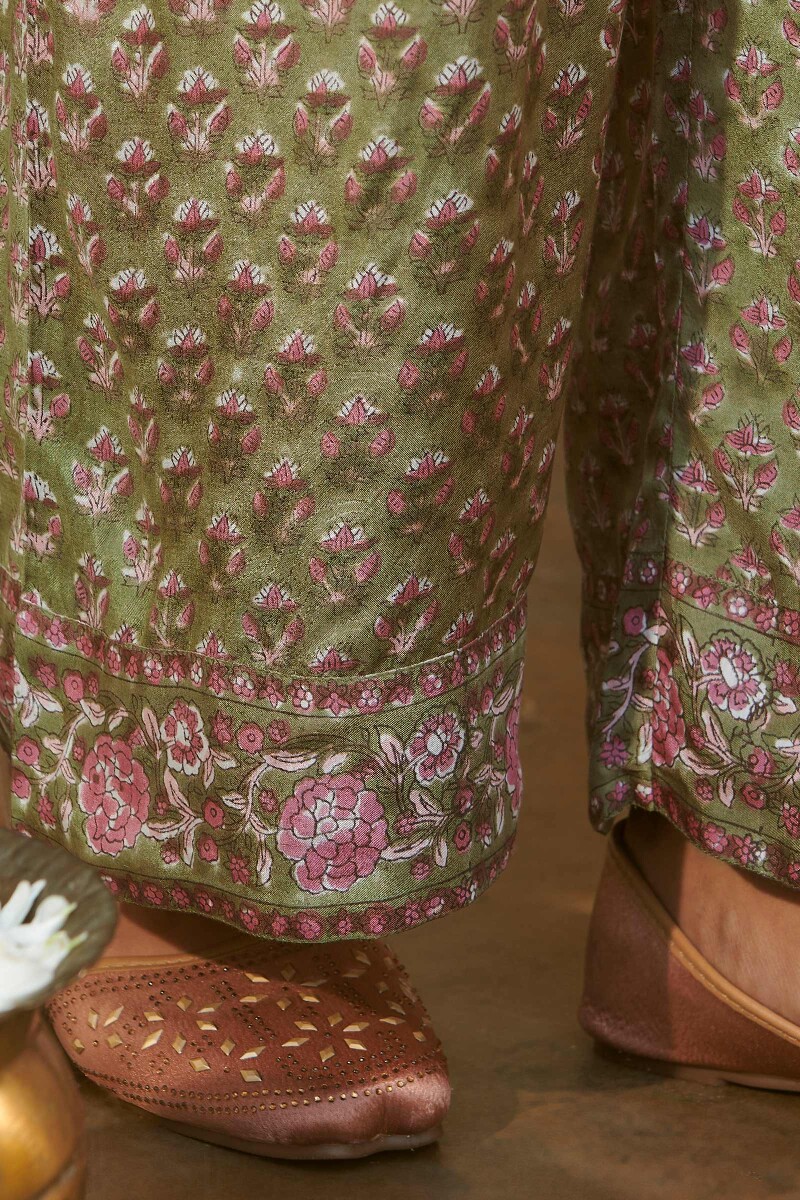 Olive Green Hand Block-Printed Viscose Farsi