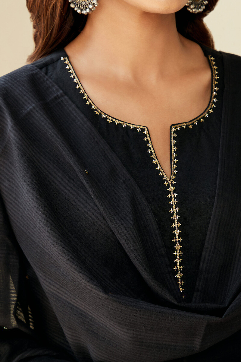 Black Handcrafted Cotton Dobby Dupatta