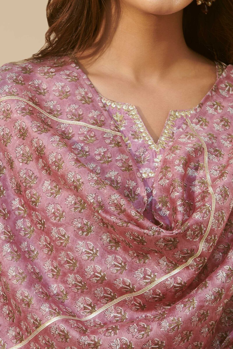 Purple Hand Block-Printed Chanderi Dupatta