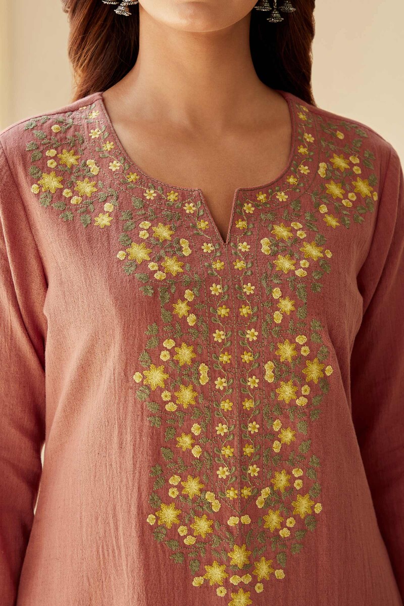 Peach Handcrafted Straight Cotton Flax Kurta