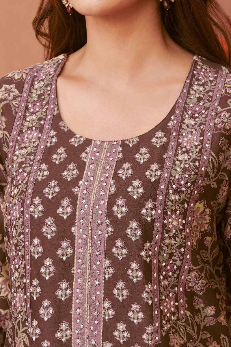 Brown Hand Block-Printed Straight Chanderi Kurta