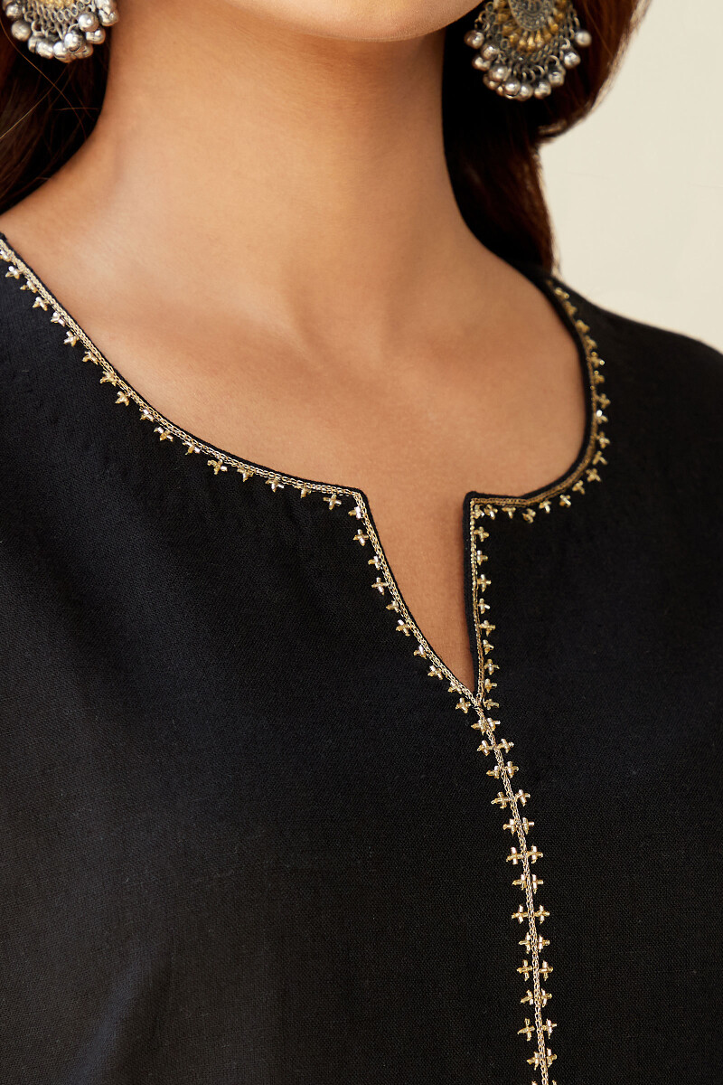 Black Handcrafted Straight Cotton Flax Kurta