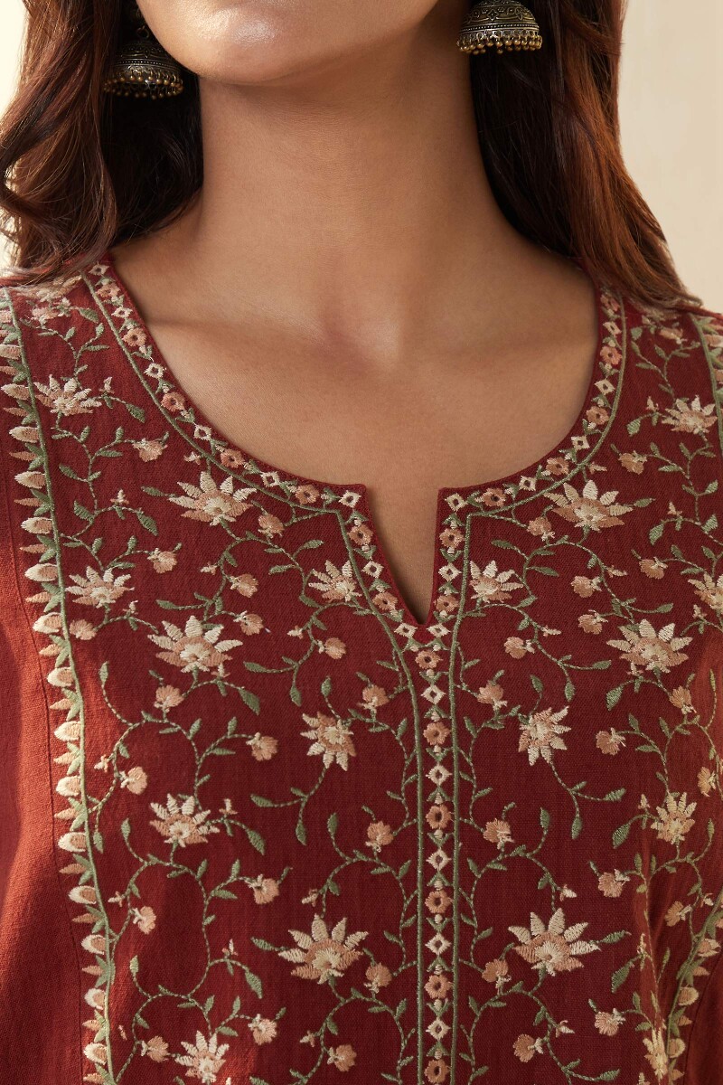Red Handcrafted Straight Cotton Flax Kurta