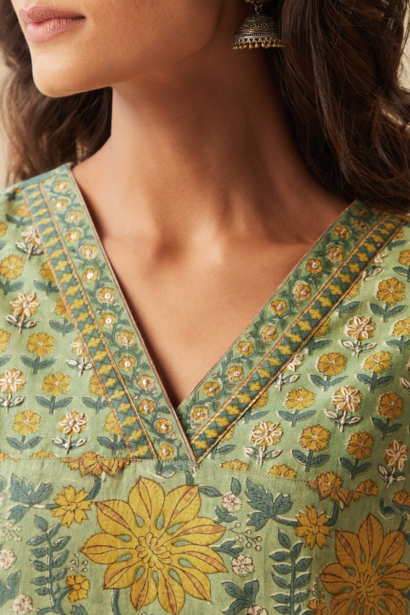 Green Hand Block-Printed Straight Cotton Kurta