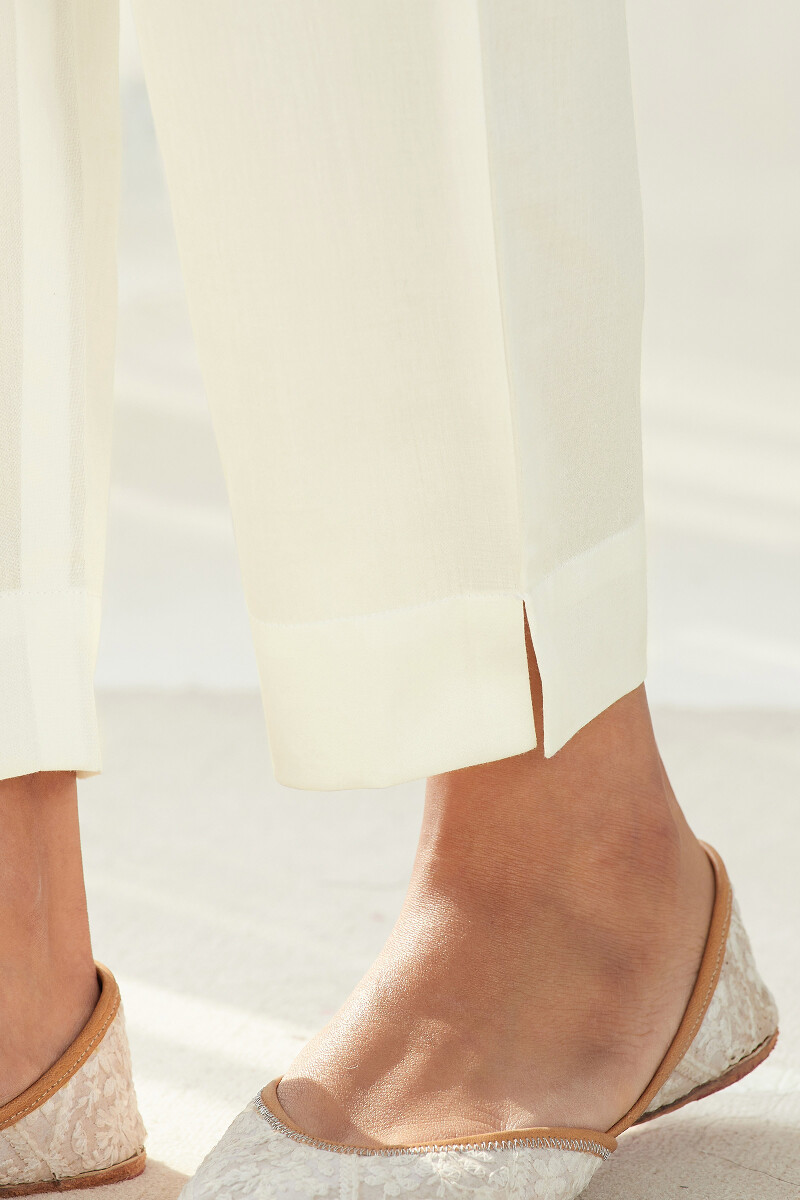 White Handcrafted Cotton Narrow Pants