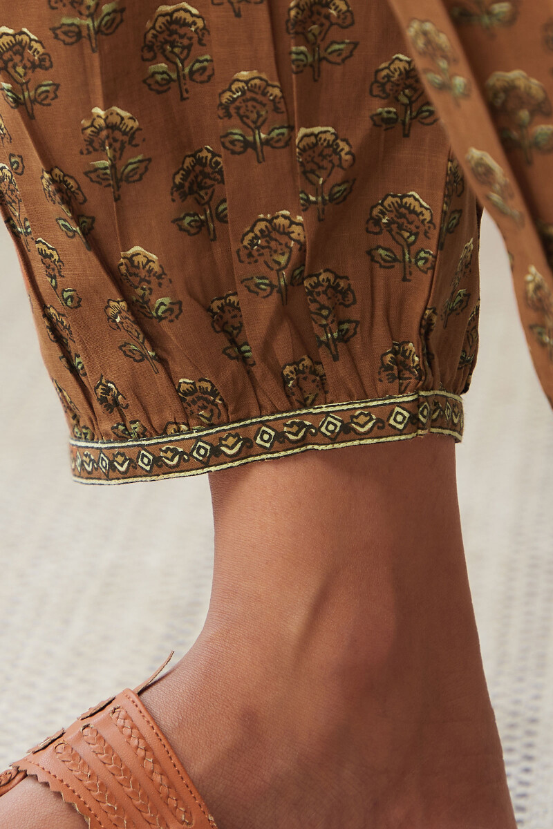 Brown Hand Printed Cotton Slub Izhaar Pants