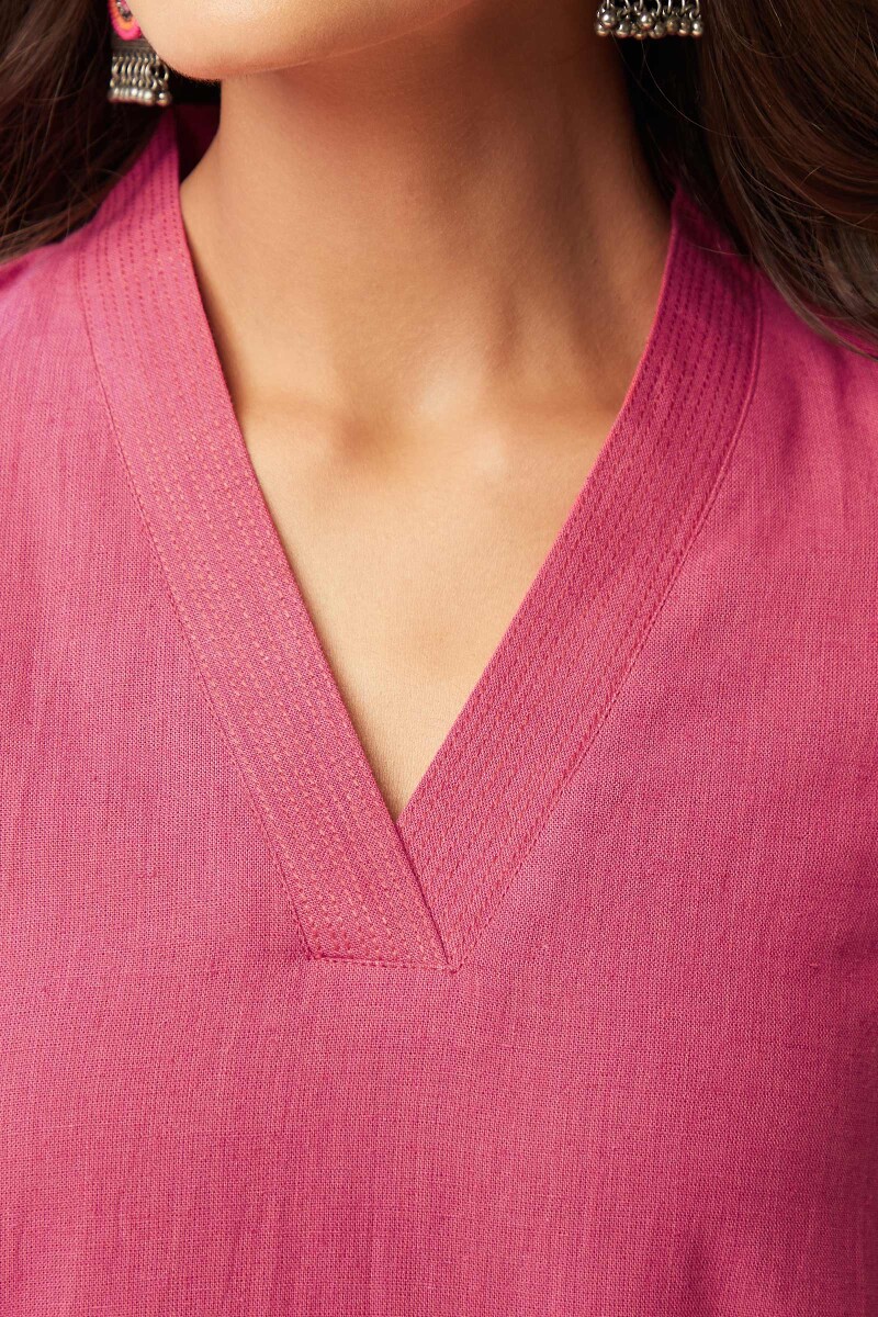 Rani Pink Handcrafted Straight Cotton Flax Kurta