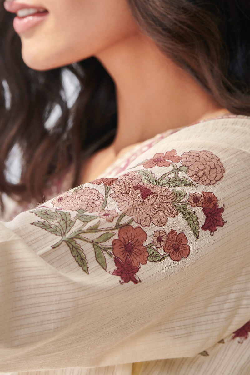 Beige Hand Block-Printed Straight Cotton Dobby Kurta