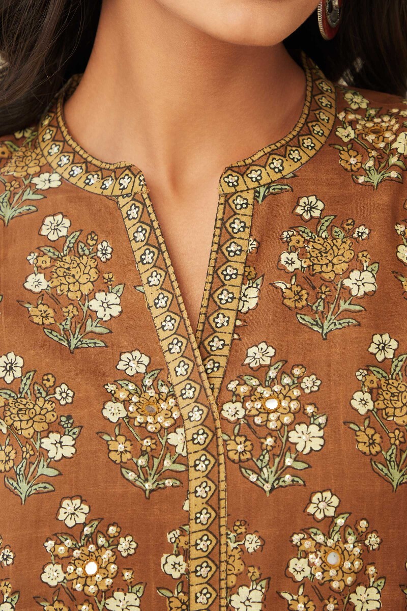 Brown Hand Printed A-Line Cotton Slub Kurta