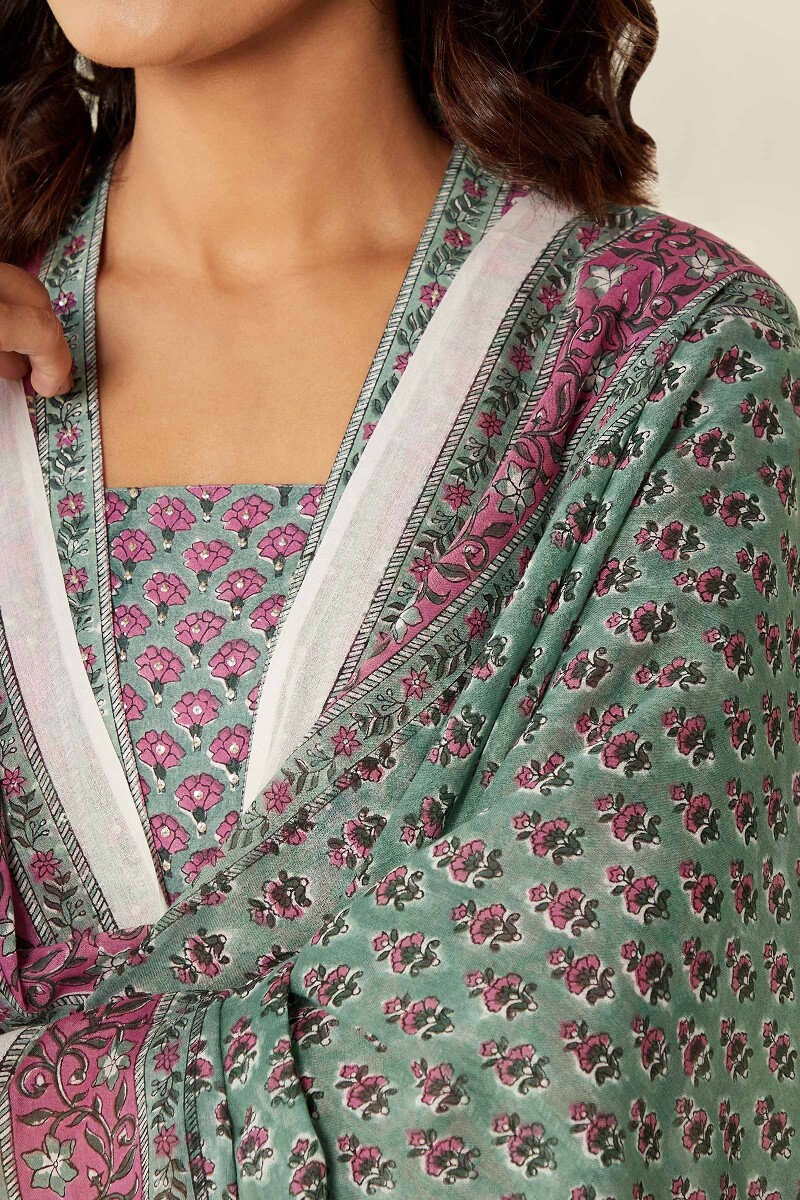 Green Hand Block-Printed Cotton Mul Dupatta