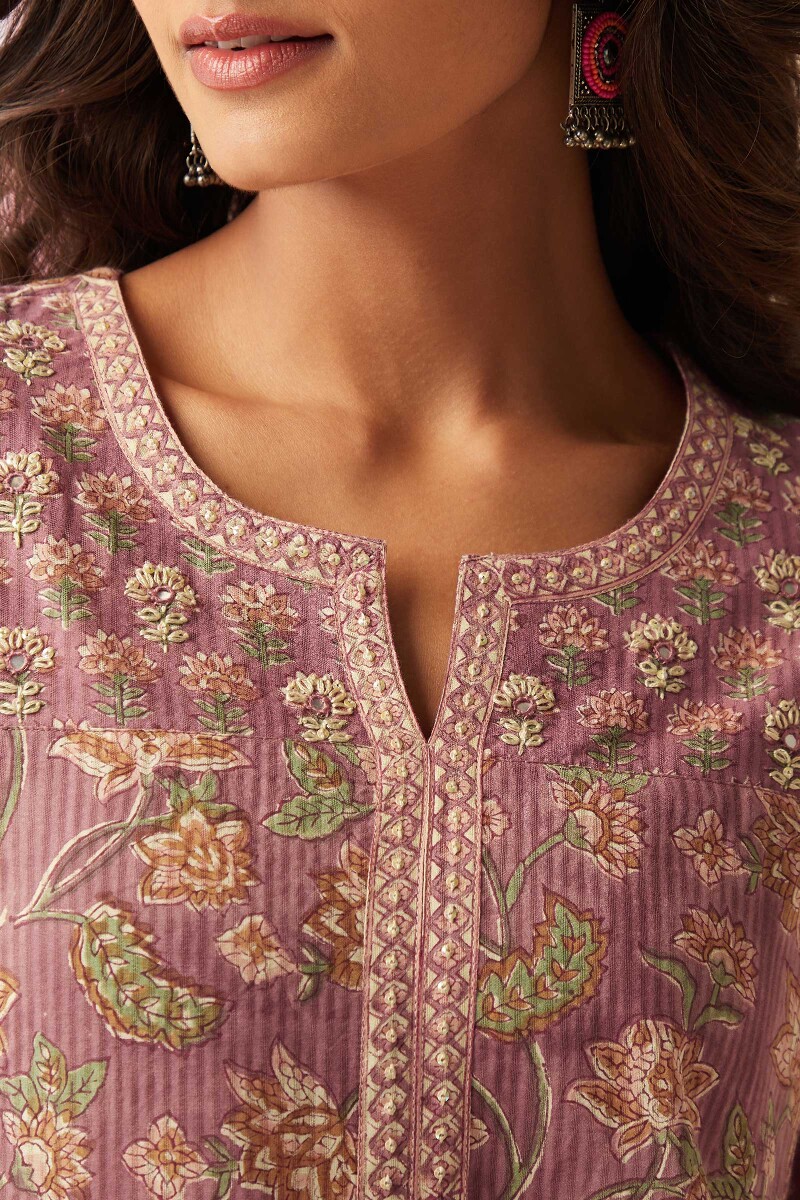 Pink Hand Block-Printed Straight Cotton Dobby Kurta