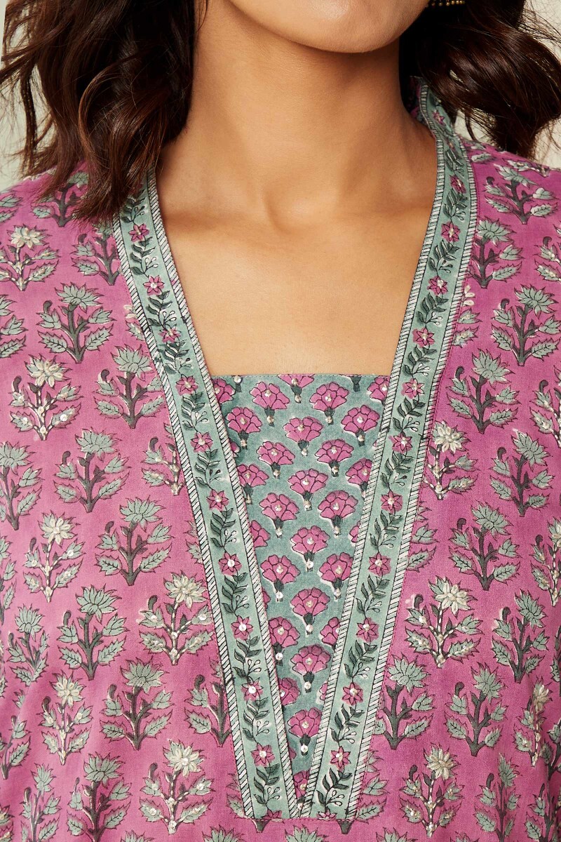 Purple Hand Block-Printed Straight Cotton Kurta
