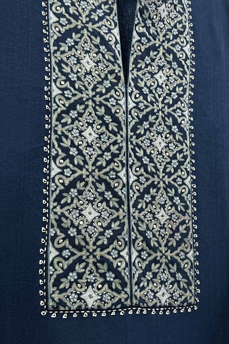 Blue Embroidered Cotton Kurta, Pants & Dupatta