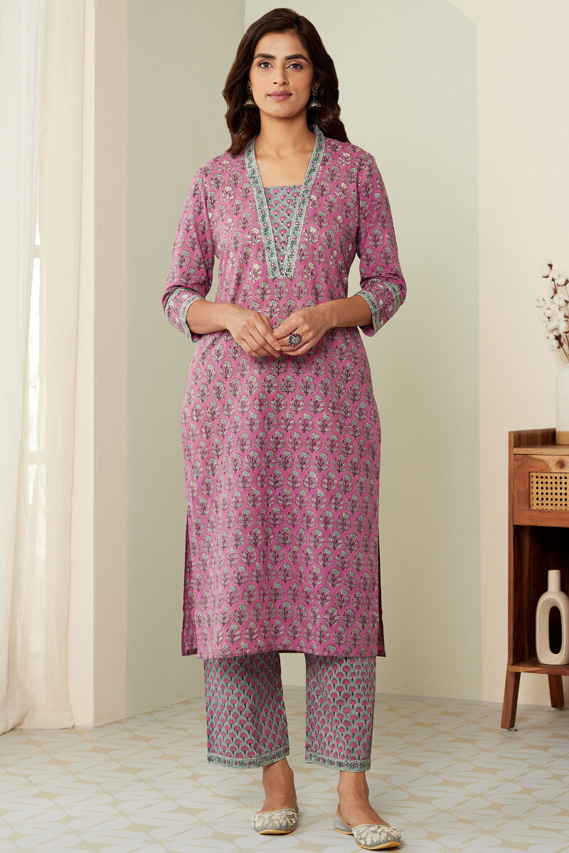 Purple Hand Block-Printed Straight Cotton Kurta