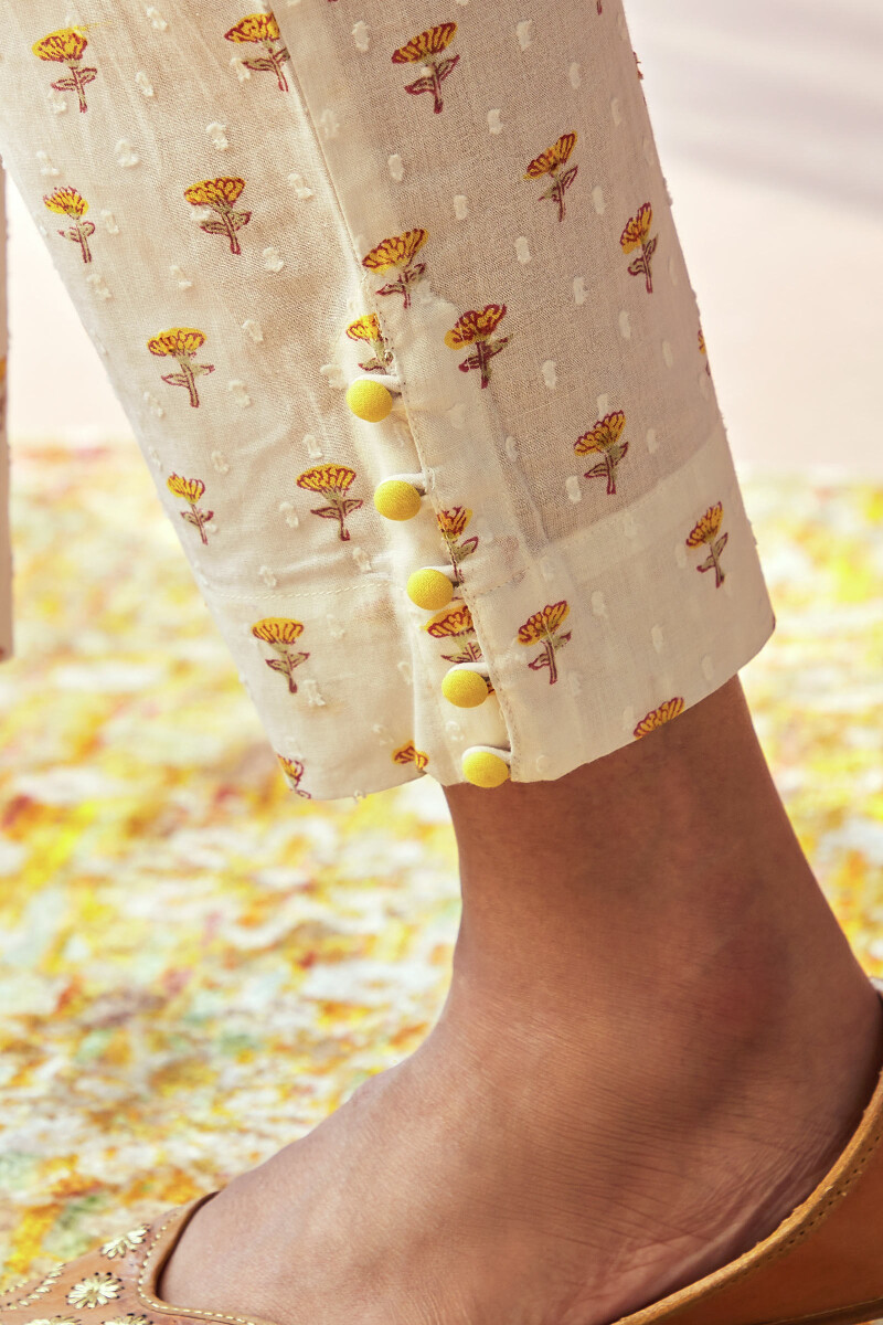 White Hand Block-Printed Cotton Dobby Narrow Pants