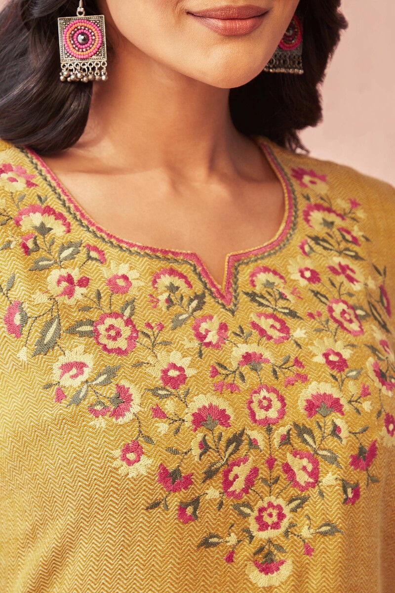 Yellow Handcrafted Straight Faux Wool Kurta