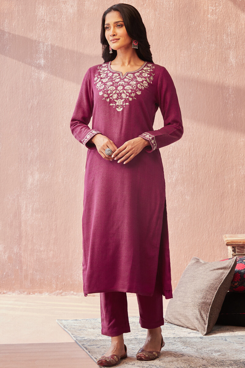 Pink Handcrafted Straight Faux Wool Kurta