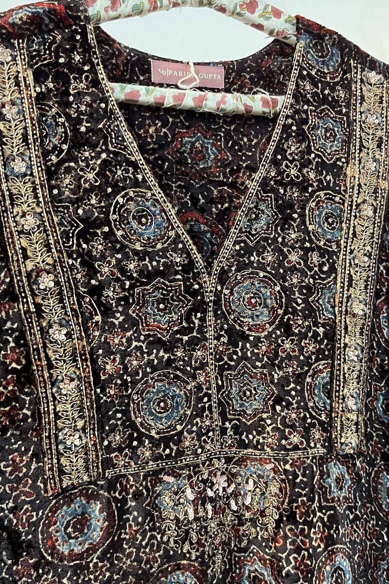 FG Specials: 1 of 1- Black Ajrak Hand Block Printed Straight Velvet Kurta- Size XS