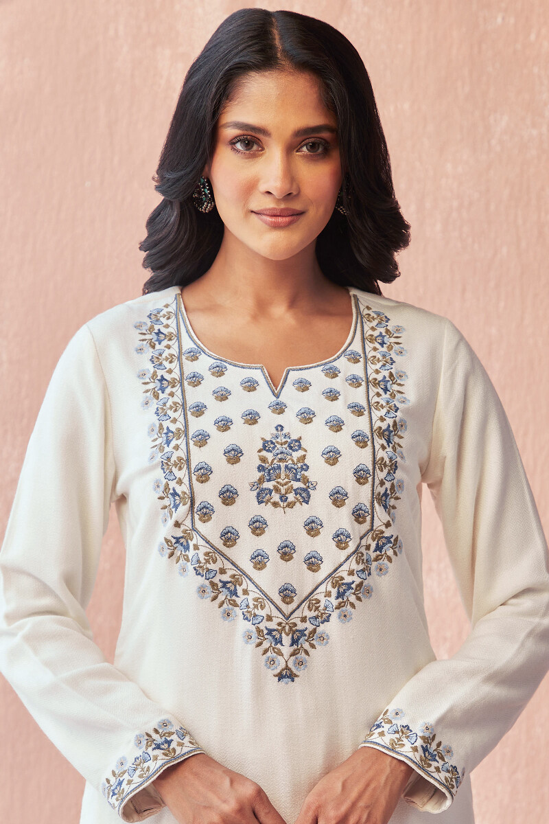 White Handcrafted Straight Faux Wool Kurta