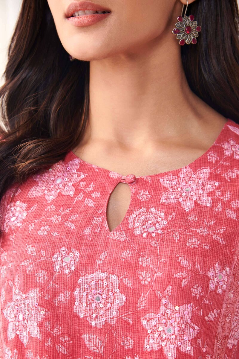 Pink Hand Block-Printed A-Line Kota Kurta
