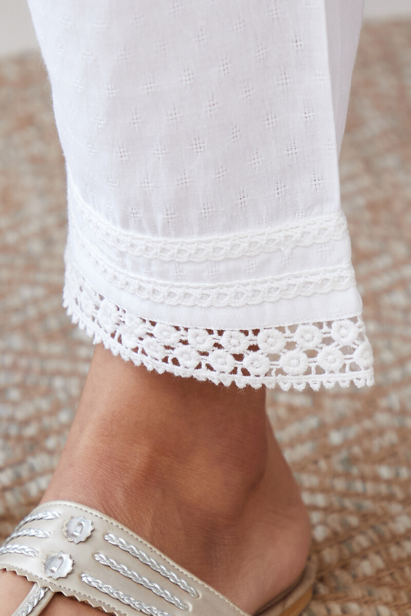 White Handcrafted Cotton Dobby Narrow Pants