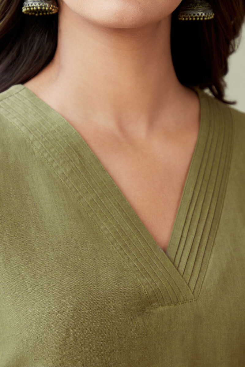 Olive Green Handcrafted Straight Cotton Linen Kurta