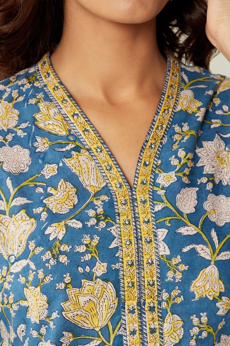Blue Hand Block-Printed Straight Cotton Kurta