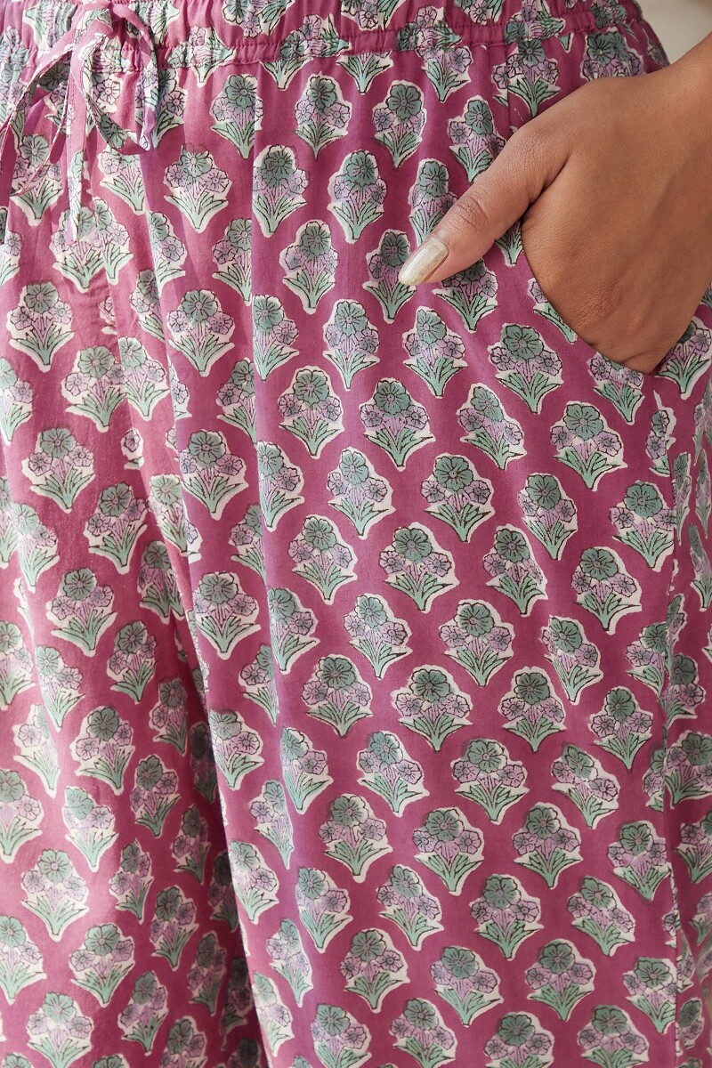 Pink Hand Block-Printed Viscose Narrow Pants
