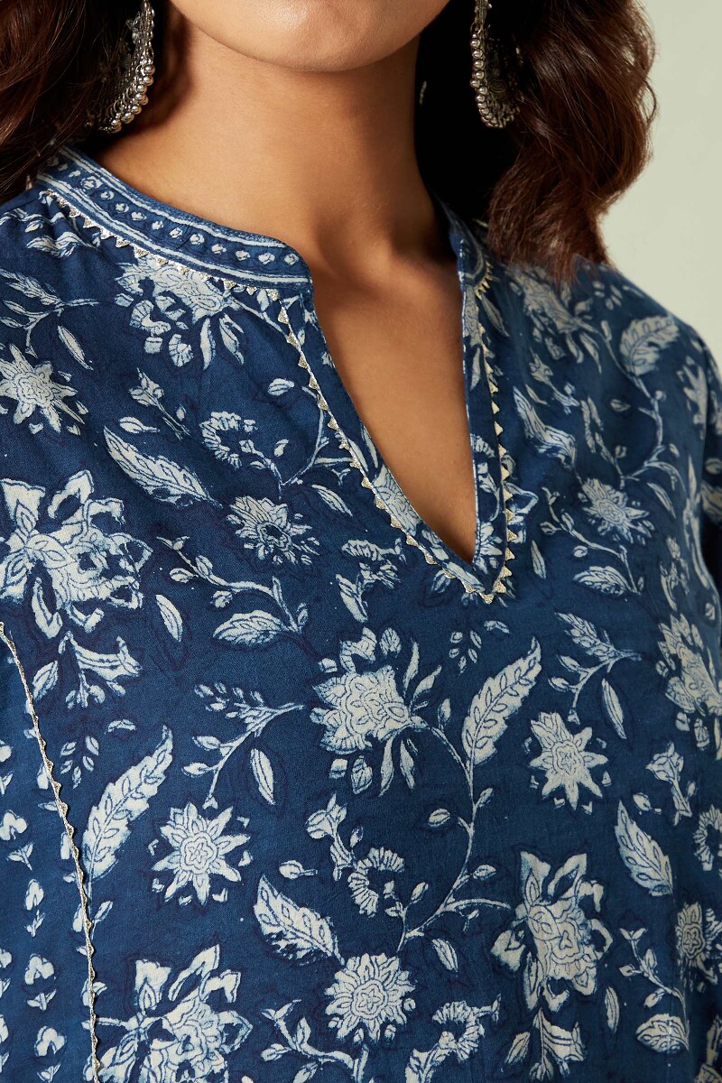 Indigo Hand Block-Printed Straight Cotton Kurta