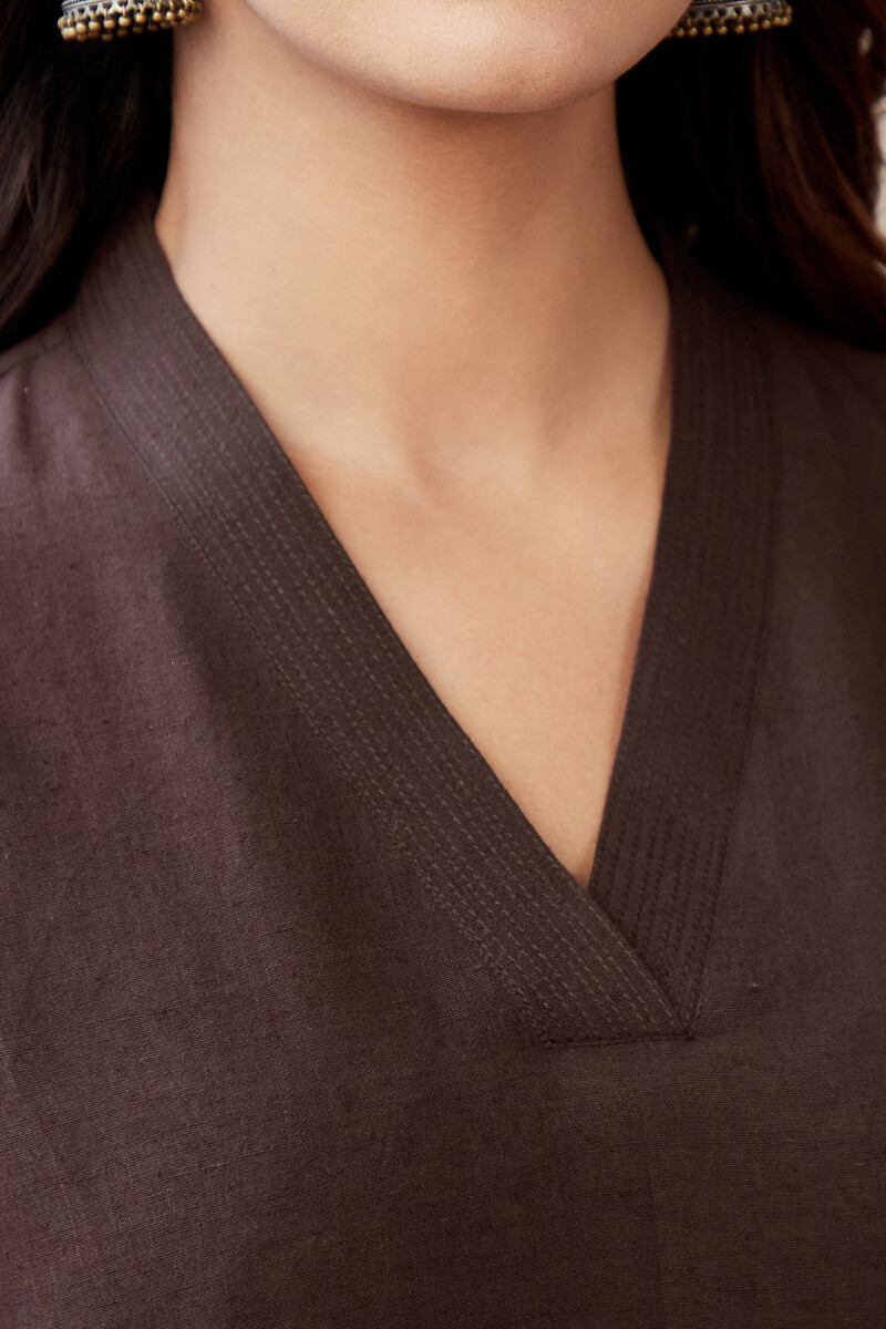 Brown Hand Block-Printed Straight Cotton Linen Kurta